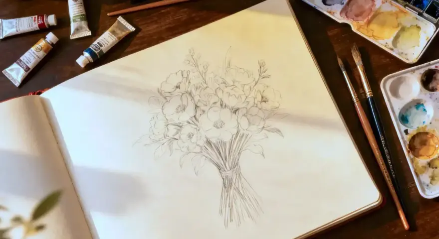 Un carnet ouvert montre un croquis de fleurs. Autour, des tubes de peinture et des pinceaux suggèrent ce avec quoi dessiner sur une toile avant de peindre.