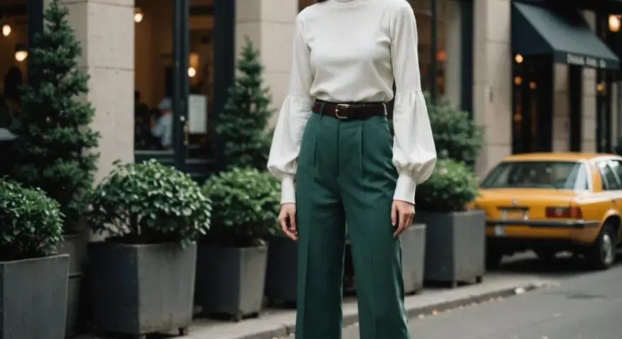 Elegancka kobieta w zielonych spodniach z wysokim stanem i bufiastymi rękawami, przypominającymi kształtem **stovepipe**.