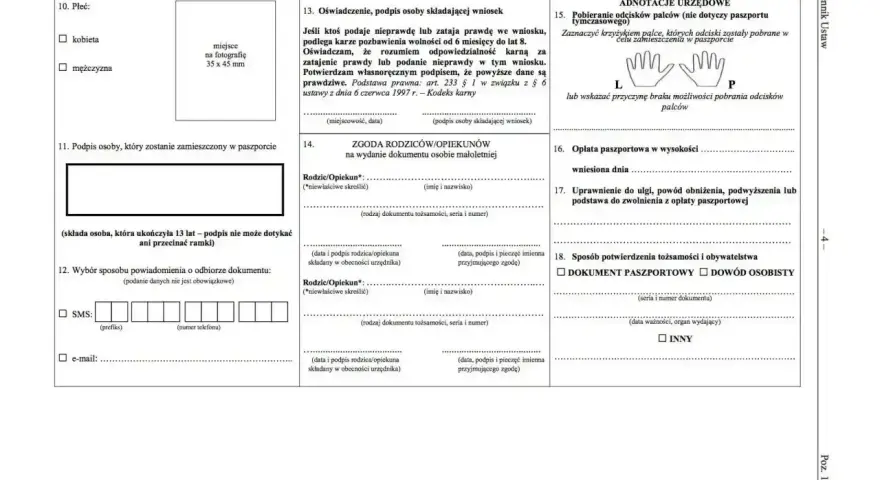 Formularz wniosku o paszport, sekcja "Oświadczenie" zawiera informację, czy na Maltę potrzebny paszport.