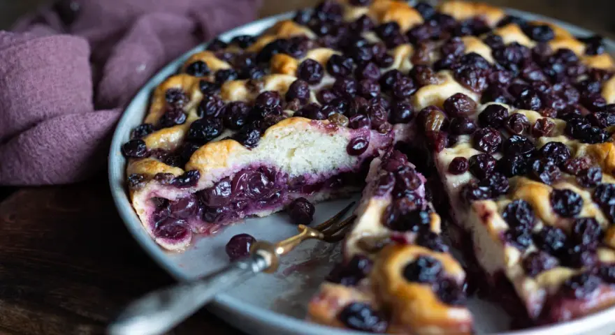 Schiacciata con l'uva succosa, un dolce rustico con uva scura e pasta soffice, pronto per essere gustato.