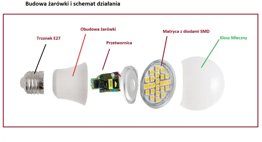 Rozłożona żarówka LED: trzonek E27, obudowa, przetwornica, matryca z diodami SMD i mleczny klosz. Poznaj budowę żarówki.