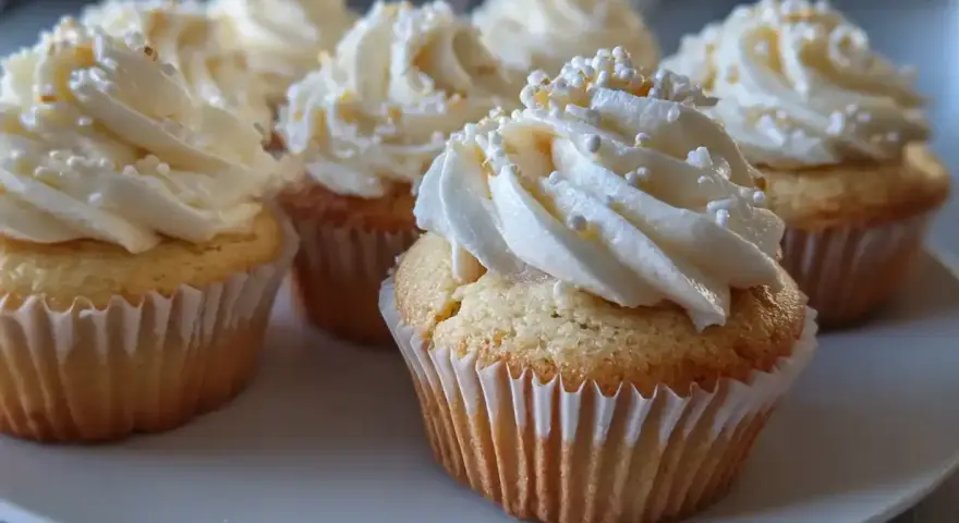 Fluffiga cupcakes med vit frosting och strössel. Perfekt för ett enkelt frosting recept!
