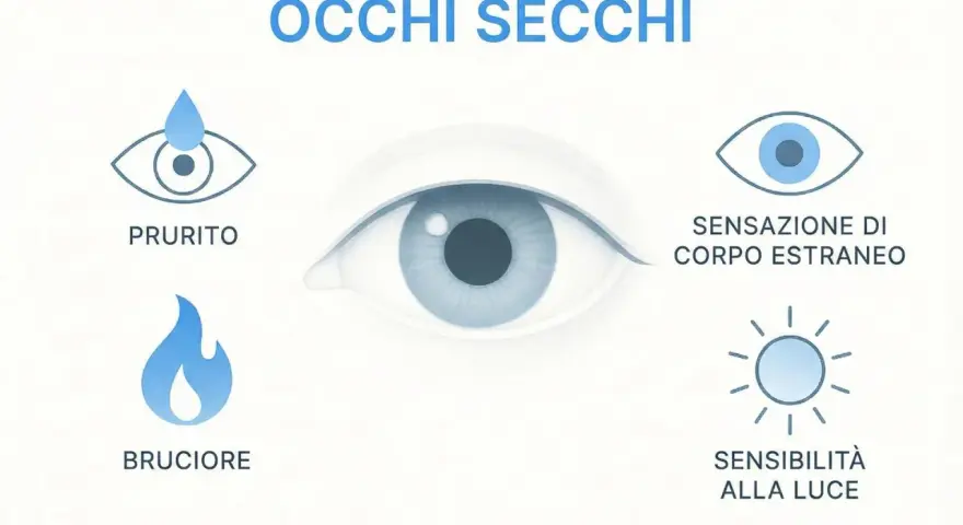 Occhi secchi: prurito, bruciore, sensazione di corpo estraneo e sensibilità alla luce.