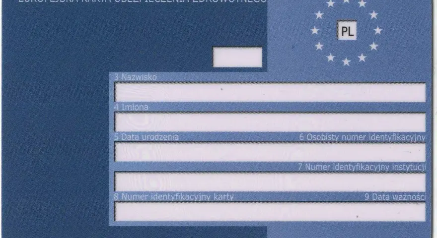 Europejska Karta Ubezpieczenia Zdrowotnego (EKUZ) od ręki. Dokument zawiera dane osobowe i identyfikacyjne.
