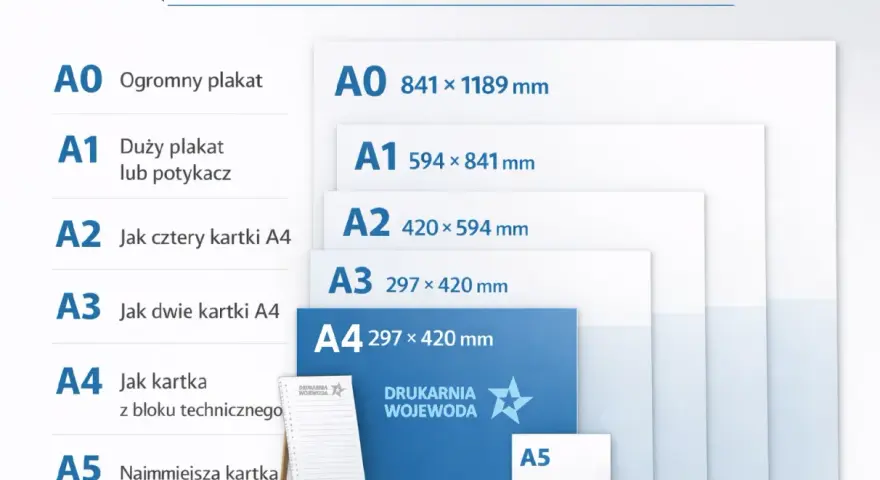 Porównanie formatów papieru od A0 do A5. A4 to jak kartka z bloku technicznego, a A5 to pół kartki A4.