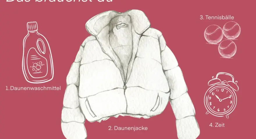 So wird deine Daunenjacke wieder fluffig: Spezialwaschmittel, die Jacke selbst, Tennisbälle und Zeit.