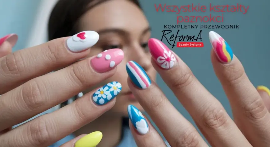Kolorowe paznokcie konstrukcyjne z motywami kwiatów, serc i pasków. Różne kształty i wzory na dłoniach modelki.