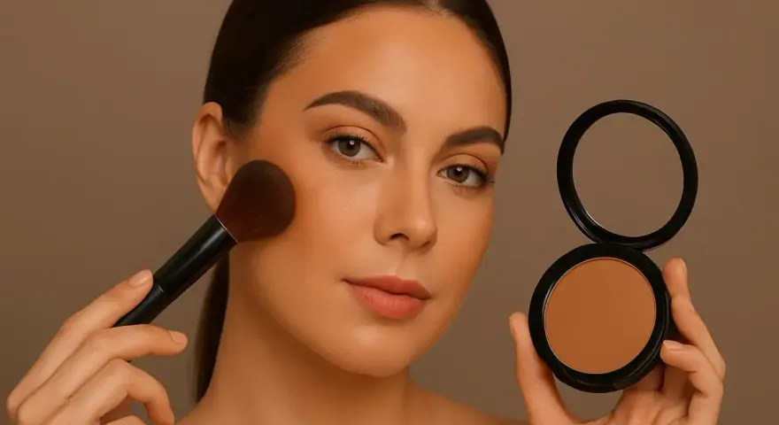 Kobieta z pędzlem nakłada bronzer w kamieniu, by uzyskać naturalny efekt muśniętej słońcem skóry.