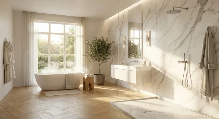Salle de bain lumineuse avec baignoire îlot, douche à l'italienne en marbre et un sol en parquet clair.