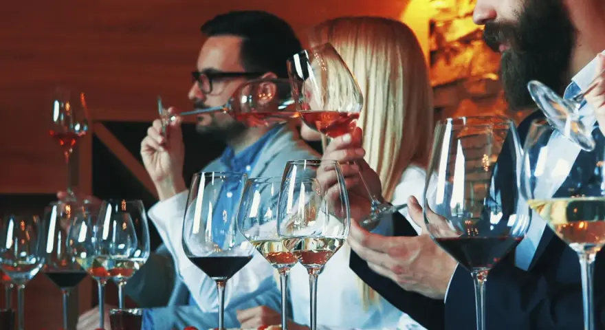 Gente disfrutando de una cata de vinos en España, con copas de vino tinto, blanco y rosado.