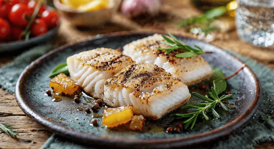 Tre succulenti filetti di merluzzo al forno, conditi con erbe aromatiche e pepe, su un piatto rustico.