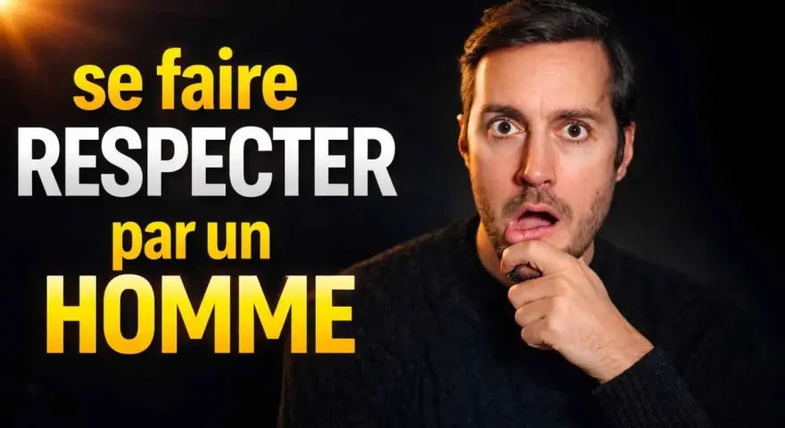 Un homme pensif, avec un texte en français : "se faire RESPECTER par un HOMME". Il est important de ne pas tout accepter d'un homme.