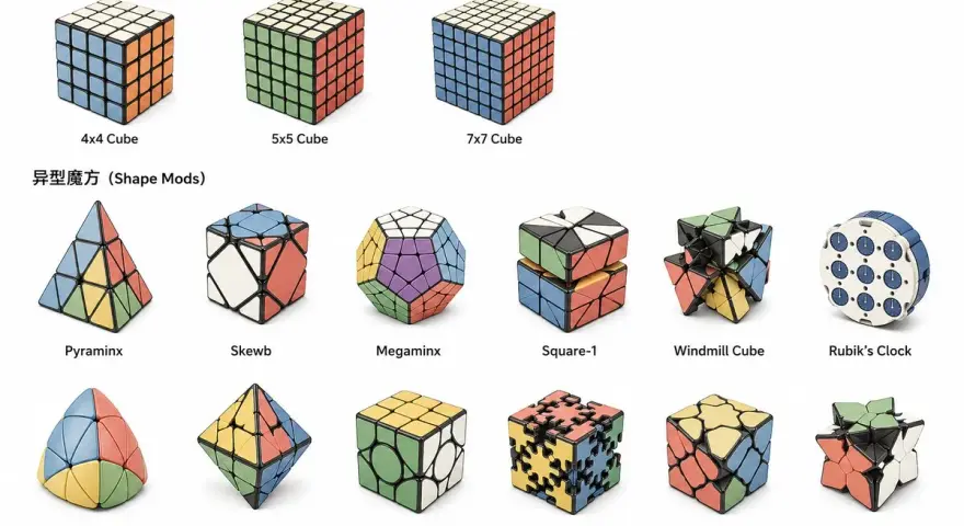 En samling pussel, inklusive en färgglad pyraminx, olika Rubiks kub-varianter och andra former.
