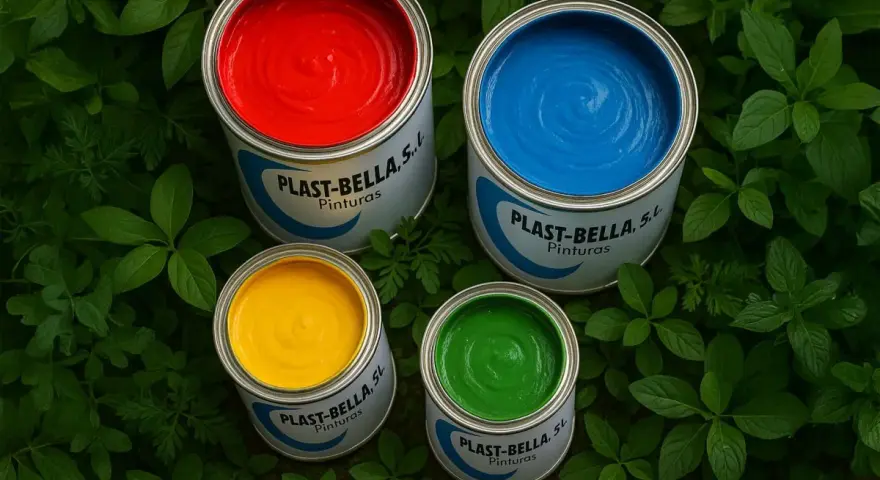 Latas de pintura roja, azul, amarilla y verde listas para pintar plástico.