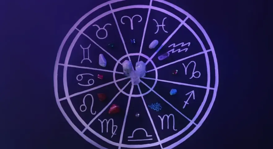 Koło zodiaku z symbolami i kamieniami. Znaki kardynalne astrologia w centrum.
