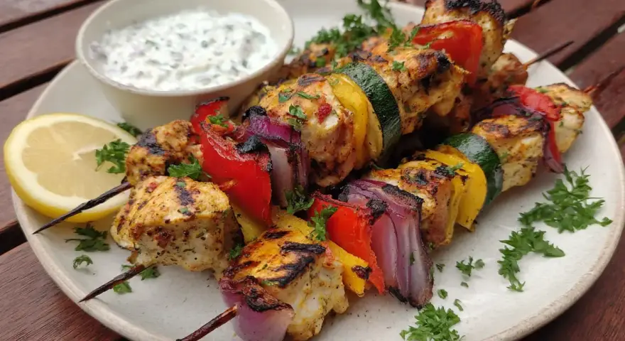 Grillade kycklingspett i ugn med grönsaker och en klyfta citron. Serveras med en krämig yoghurtsås.