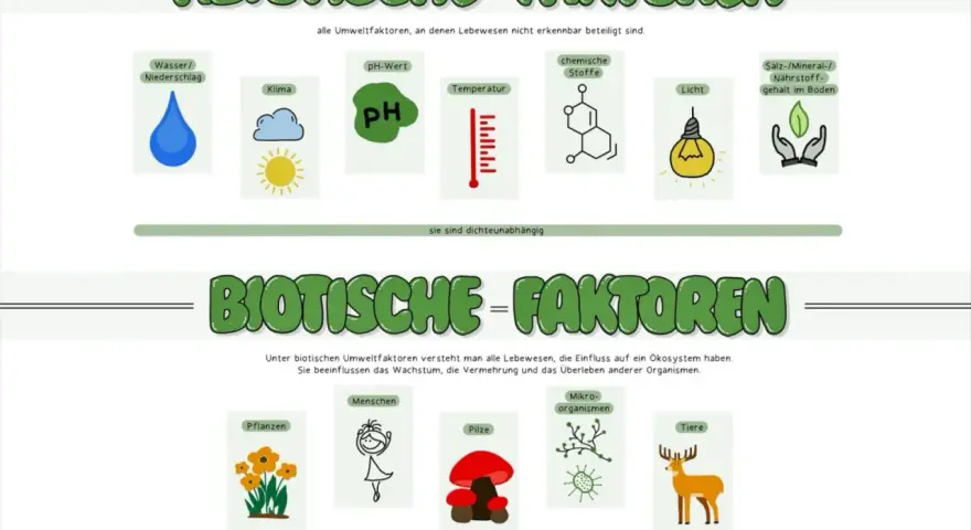 Biotische Faktoren sind Lebewesen wie Pflanzen, Menschen, Pilze, Mikroorganismen und Tiere, die das Ökosystem beeinflussen.