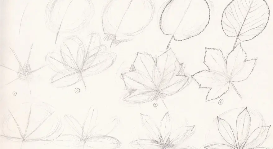 Étapes d'un dessin feuillage facile : esquisses de feuilles de différentes formes, de simples cercles à des formes lobées et dentelées.