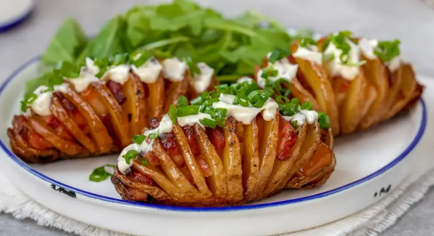Pieczone ziemniaki Hasselback z bekonem, majonezem i szczypiorkiem na talerzu.