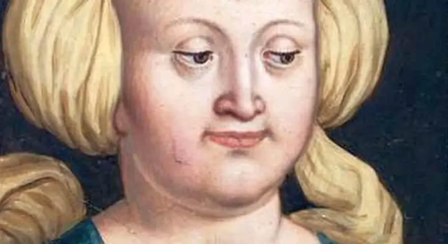 Portret Elżbiety Rakuszanki, która z dumą spogląda na swoich wnuków. Jej blond włosy są upięte w charakterystyczne koki.