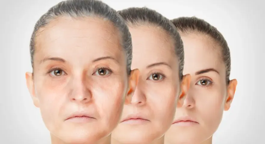 Trois visages de femmes montrant le processus de régénération de la peau, du plus âgé au plus jeune.