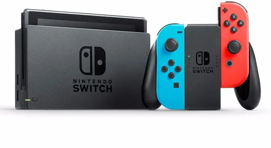 Konsola Nintendo Switch z dokiem i kontrolerami Joy-Con w kolorach niebieskim i czerwonym. Forza Nintendo Switch!