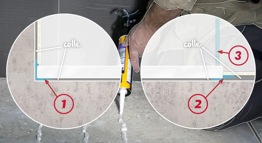 Application de colle pour assurer la durée de vie d'un receveur de douche. Détails sur l'étanchéité.