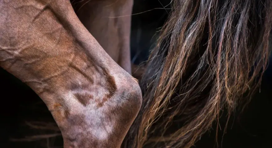 Gros plan sur le jarret d'un cheval brun, montrant la musculature et la crinière. Une légère entorse au jarret du cheval est visible.