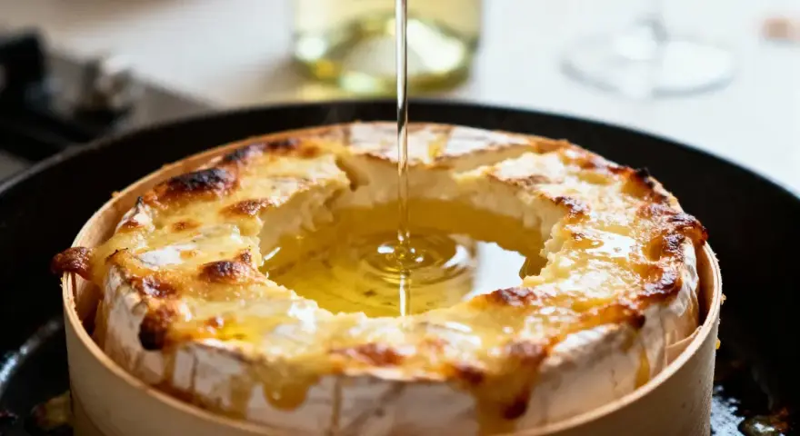 Un mont d'or au four, doré et fondant, est arrosé d'un filet d'huile dans sa boîte en bois.
