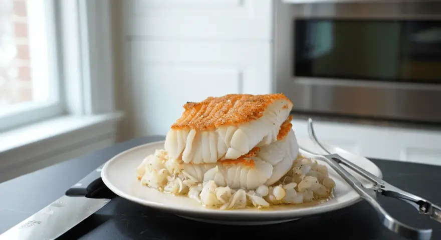 Dos lomos de bacalao a la gallega, dorados y jugosos, reposan sobre una cama de cebolla pochada en un plato blanco.