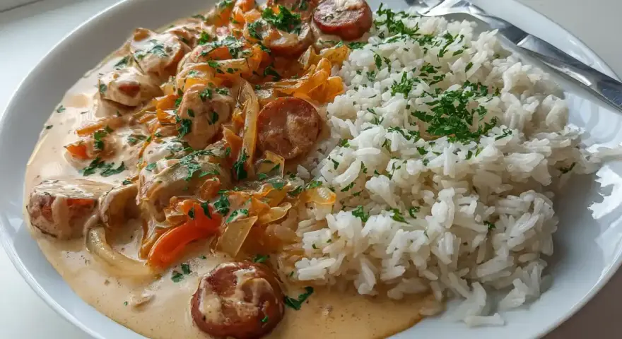 En tallrik med krämig korv stroganoff och fluffigt ris, toppat med färsk persilja. En klassisk svensk rätt som värmer själen.