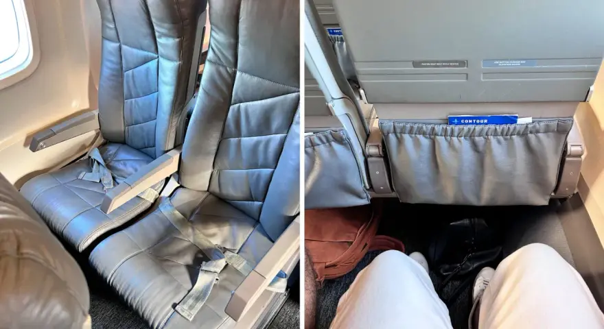 Leather seats on a Contour Airlines flight. The image shows legroom and seat details, offering a glimpse into Contour Airlines reviews.
