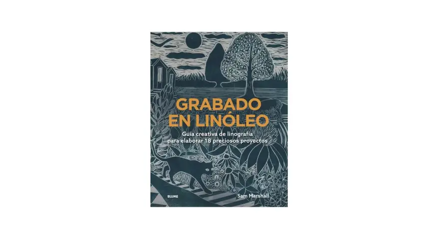 Portada de libro "Grabado en linóleo", con un diseño detallado de linograbado que incluye un gato, flores, un árbol y una casa.