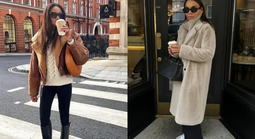 Deux femmes arborent une tenue d'hiver swag : l'une avec un blouson en cuir marron et un pull torsadé, l'autre avec un long manteau en fausse fourrure beige.