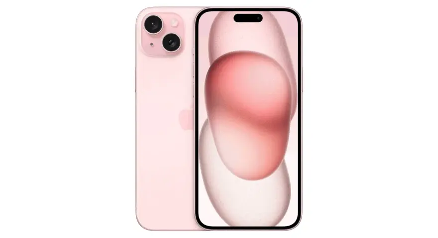 Två rosa iPhones, en framifrån med en abstrakt bakgrund och en bakifrån med dubbla kameror. Perfekt för dig som vill flytta från Android till iPhone.