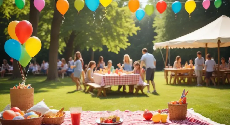 Färgglada ballonger svävar över en picknick med familj och vänner. En härlig dag för roliga femkampsgrenar och gemenskap i solen.