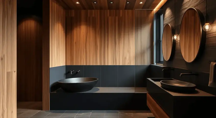 Élégante salle d'eau noir et bois, avec baignoire îlot, double vasque et miroirs ronds.