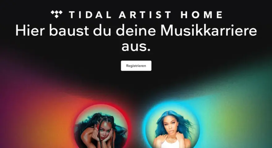 Tidal Artist Home: Hier baust du deine Musikkarriere aus. Zwei Künstlerinnen, eine rote und eine blaue Aura, laden zur Registrierung ein.