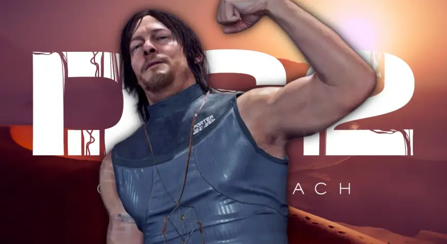 Norman Reedus, con su brazo flexionado, anuncia Death Stranding 2. El paisaje desértico y el logo del juego completan la imagen.