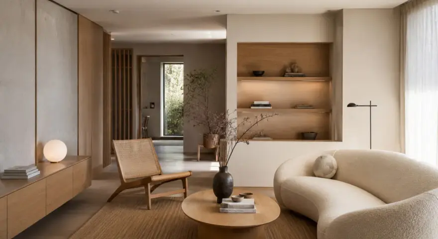 Salón de **estilo Japandi** con sofá curvo, silla de ratán, mesa de centro de madera y estanterías empotradas.