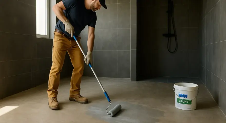 Pracownik wykonuje hydroizolację łazienki, nakładając grunt wałkiem na podłogę. Obok stoi wiadro z produktem Knauf.