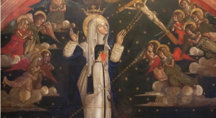 Saint Catherine of Siena, crowned and with a flaming heart, receives stigmata from Christ on the cross, surrounded by angels.