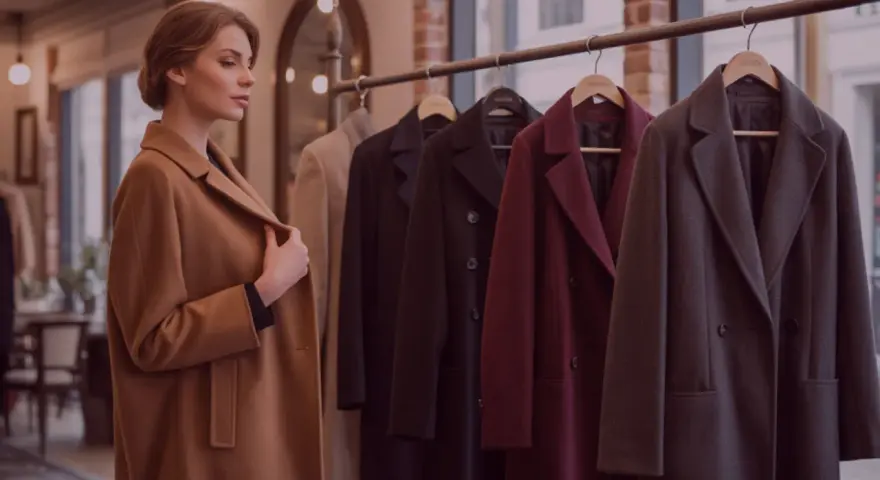 Donna in un negozio di abbigliamento esamina un cappotto. Sullo sfondo, una fila di cappotti da uomo e sneakers.