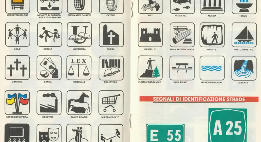 Segnaletica stradale: icone per merci pericolose, scuola, ospedale, zoo, musei, aree naturali e autostrade, come da regolamento codice della strada.