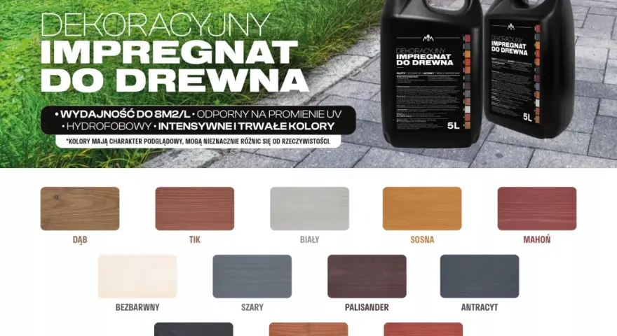 Jaki impregnat do drewna na zewnątrz? Wybierz spośród wielu kolorów: dąb, tik, sosna, mahoń, heban, cedr i innych. Trwały, hydrofobowy, odporny na UV.