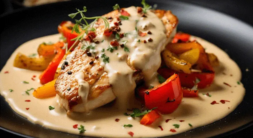 En saftig kycklingfilé med krämig pepparsås och rostade grönsaker. Ett perfekt pepparsås recept för en lyxig middag.