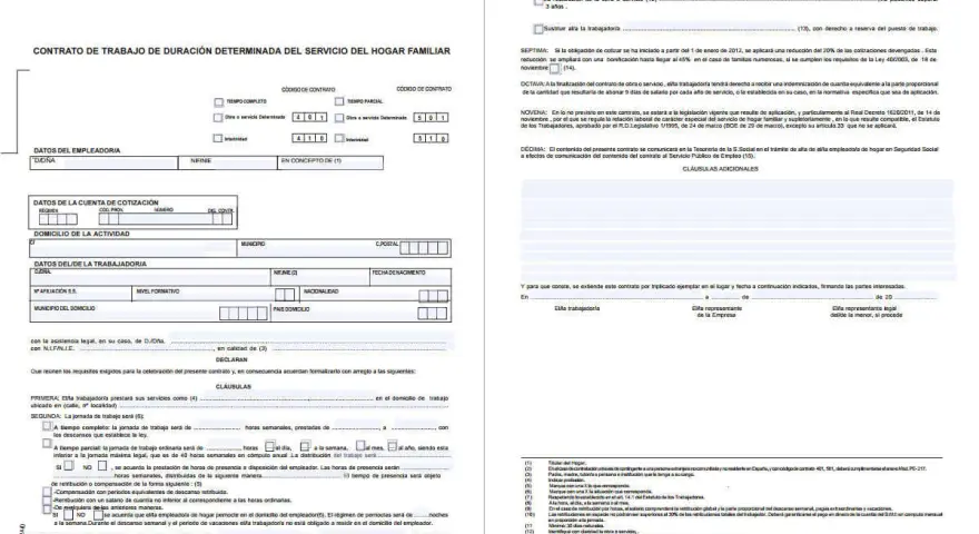 Contrato de trabajo de empleada de hogar. Se detalla información sobre la jornada, salario y condiciones. Pregunta implícita: cuanto cobra una empleada de hogar por 15 horas semanales.