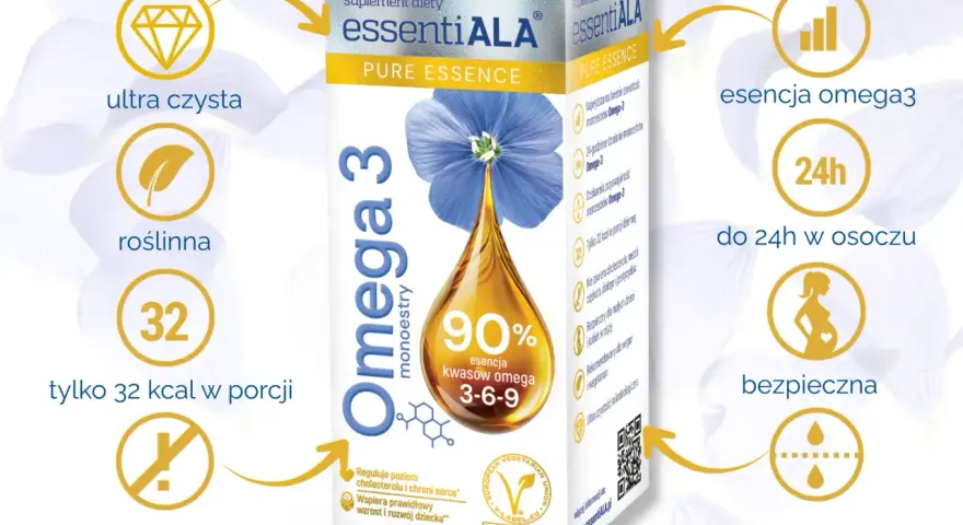 Suplement diety essentiaALA Omega-3 monoestry, z 90% esencją kwasów omega 3-6-9, ultra czysty, roślinny, bez konserwantów, biodostępny, bezpieczny dla kobiet w ciąży i dzieci.
