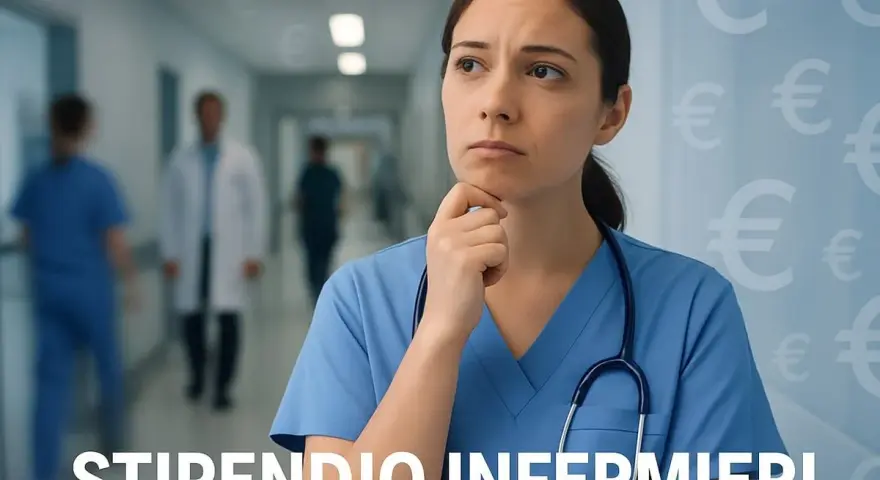 Un'infermiera pensierosa riflette sul suo stipendio, con simboli dell'euro sullo sfondo.