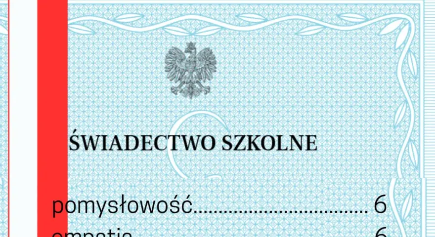 Świadectwo szkolne z godłem Polski. Widoczny pasek z napisem "pomysłowość" i oceną 6.